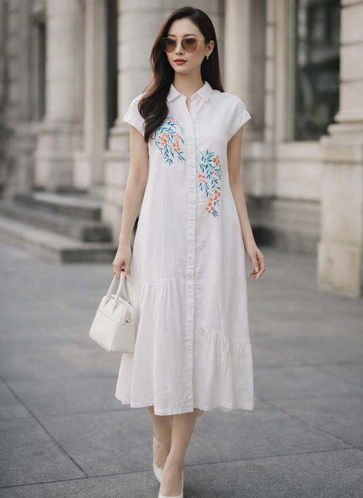 Đầm Maxi Suông Tay Hến Cổ Sơ Mi Linen Thêu Hoa D13603LW01