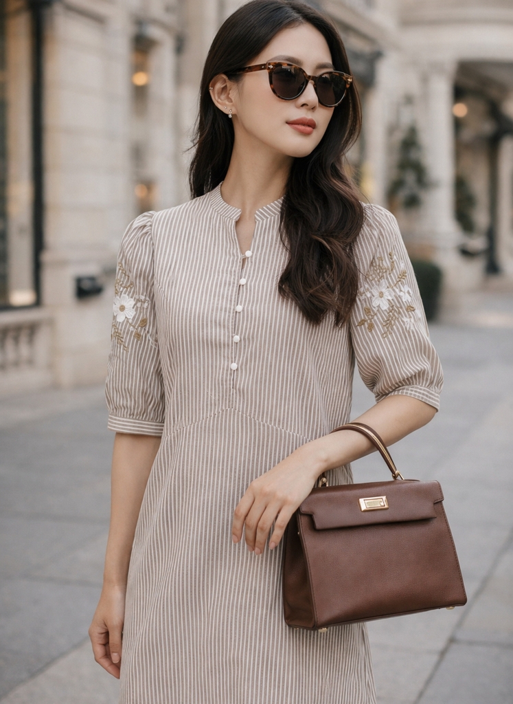 SWANLAKE | Váy Đầm Nữ Midi Suông Vải Cotton Sọc Thêu Hoa Cổ Trụ Cài Nút Tay Ngắn Dạo Phố Hè D13623LW01