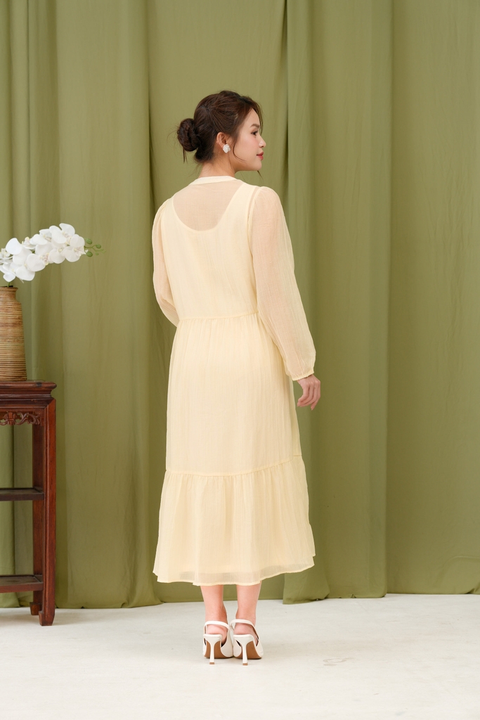 SWANLAKE | Váy Đầm Maxi Hai Lớp Rời Cổ Trụ Nằm Tay Dài Chất Tơ Xốp Lót Lụa Hàn Đi Tiệc - D12073LW01