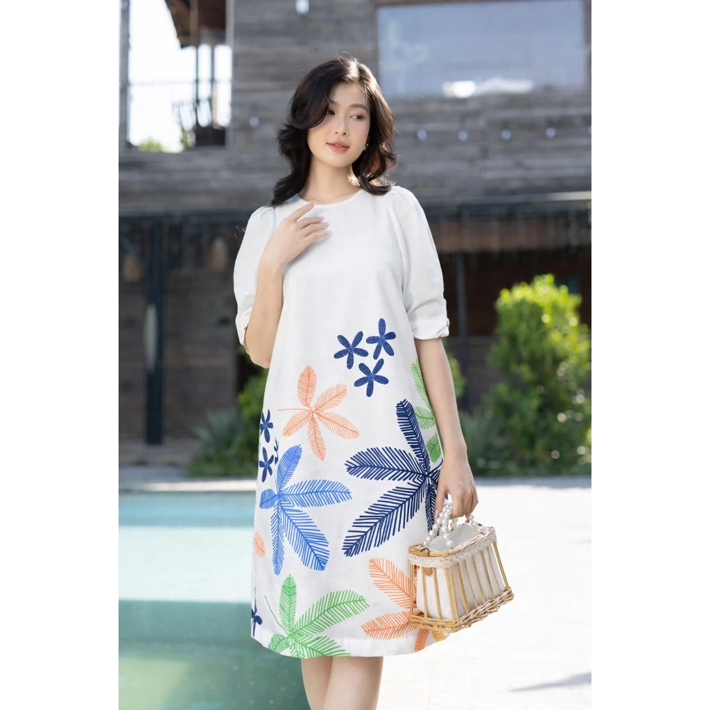 SWANLAKE | Váy Đầm Nữ Midi Suông Linen Lụa Cao Cấp Cổ Tròn Tay Bí Hoạ Tiết Hè Thoải Mái D11013LW07