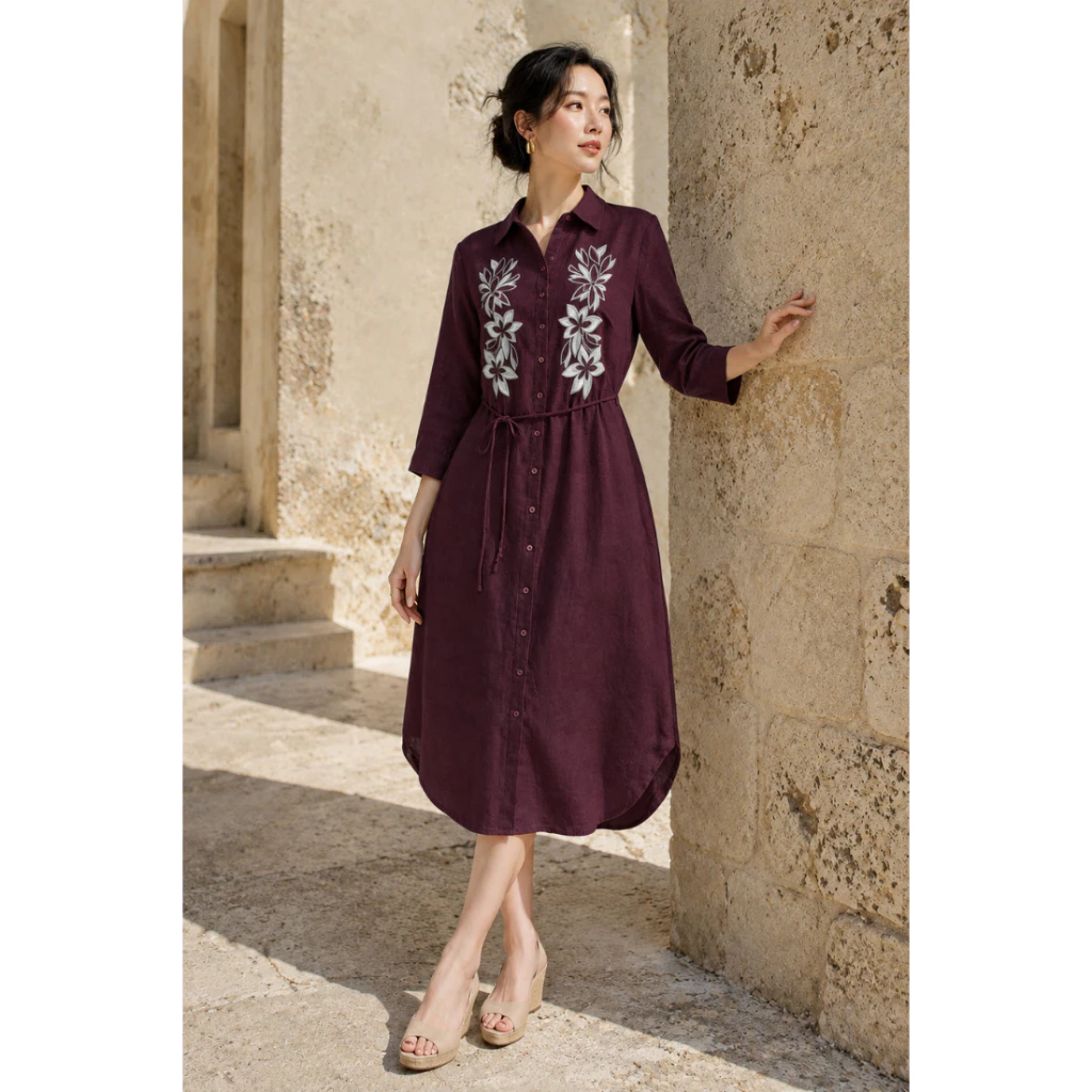 SWANLAKE | Váy Đầm Nữ Sơ Mi Suông Cài Nút Vải Linen Hàn Thêu Hoa Tay Lỡ Dây Thắt Eo Công Sở D13763LW01