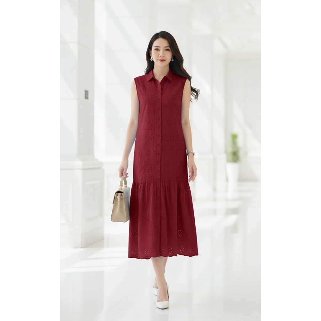 SWANLAKE | Váy Đầm Nữ Maxi Sơ Mi Suông Sát Nách Đuôi Cá Cotton Thêu Hoa Đục Lỗ Cài Nút Có Túi D12905LW01