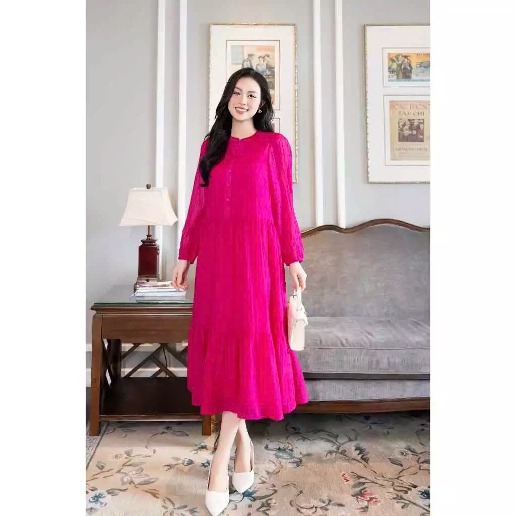 SWANLAKE | Váy Đầm Maxi Hai Lớp Rời Cổ Trụ Nằm Tay Dài Chất Tơ Xốp Lót Lụa Hàn Đi Tiệc - D12073LW01