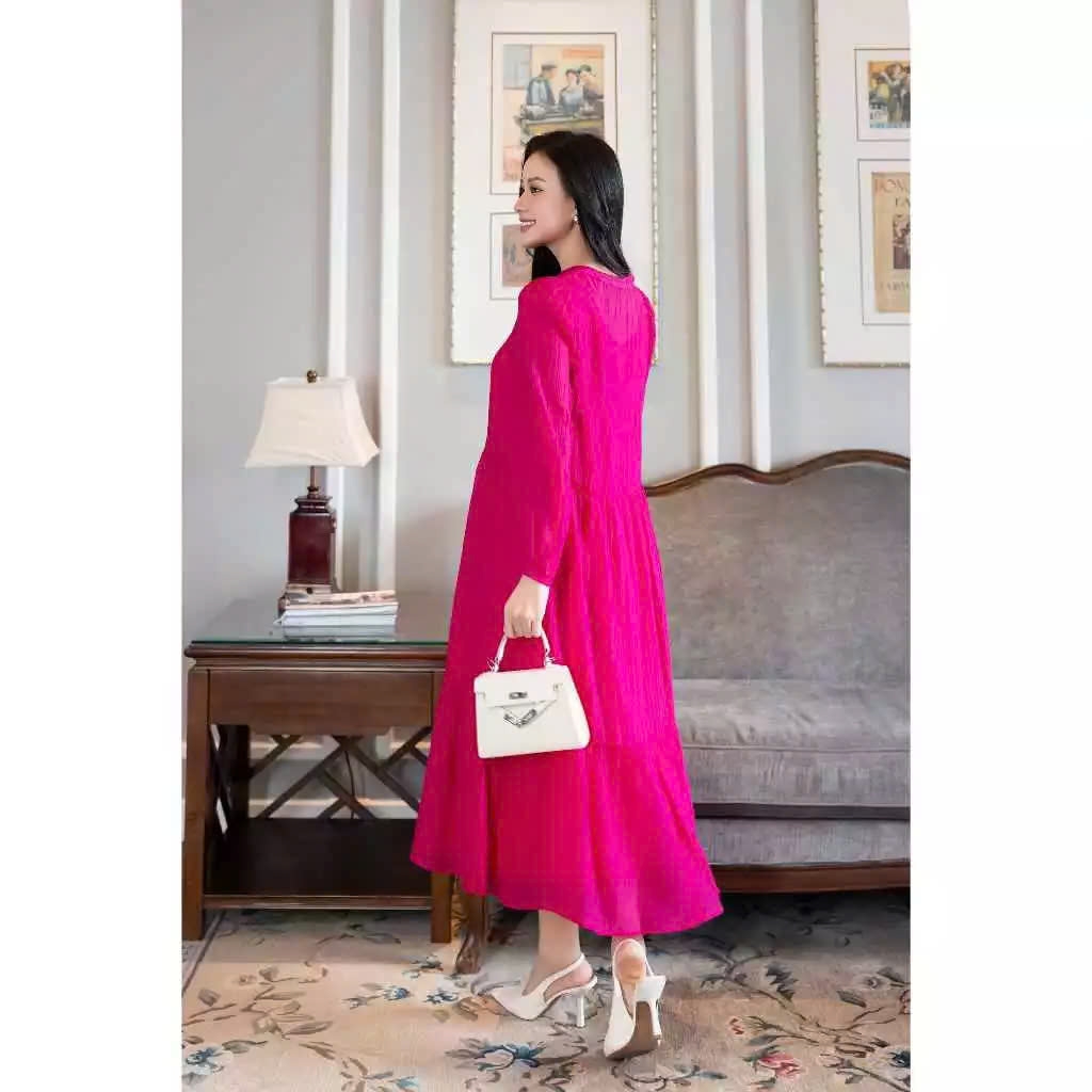 SWANLAKE | Váy Đầm Maxi Hai Lớp Rời Cổ Trụ Nằm Tay Dài Chất Tơ Xốp Lót Lụa Hàn Đi Tiệc - D12073LW01