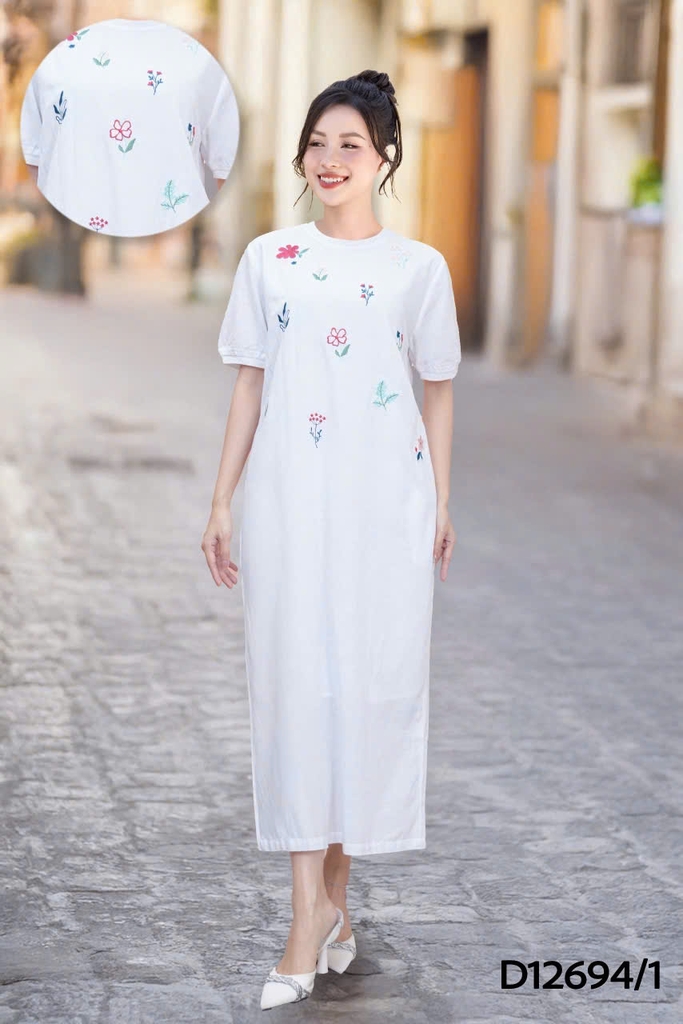 SWANLAKE | Váy Đầm Nữ Midi Suông Linen Thêu Hoa Tay Cổ Tròn Viền Thun Có Túi Xẻ Tà Công Sở Hè D12694LW01
