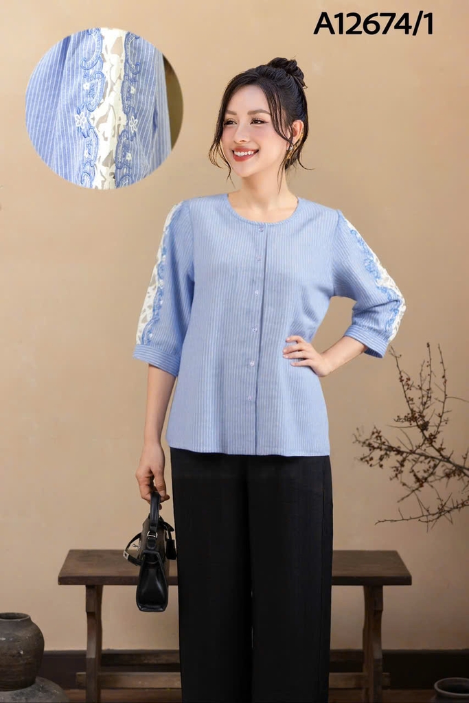 M COLLECTION | Áo Kiểu Nữ Trung Niên Tặng Mẹ, Bà Cài Nút Cotton Sọc Thêu Hoa Ren Tay Lỡ Nẹp A12674LW01