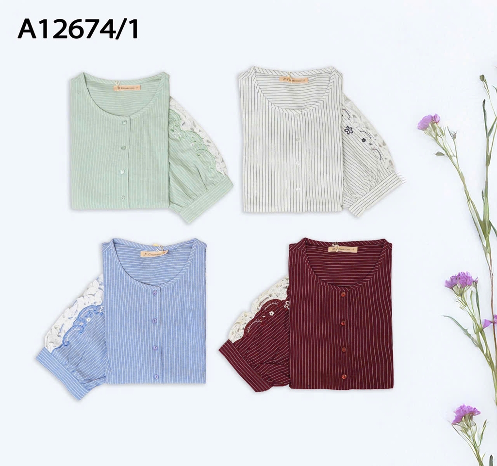 M COLLECTION | Áo Kiểu Nữ Trung Niên Tặng Mẹ, Bà Cài Nút Cotton Sọc Thêu Hoa Ren Tay Lỡ Nẹp A12674LW01