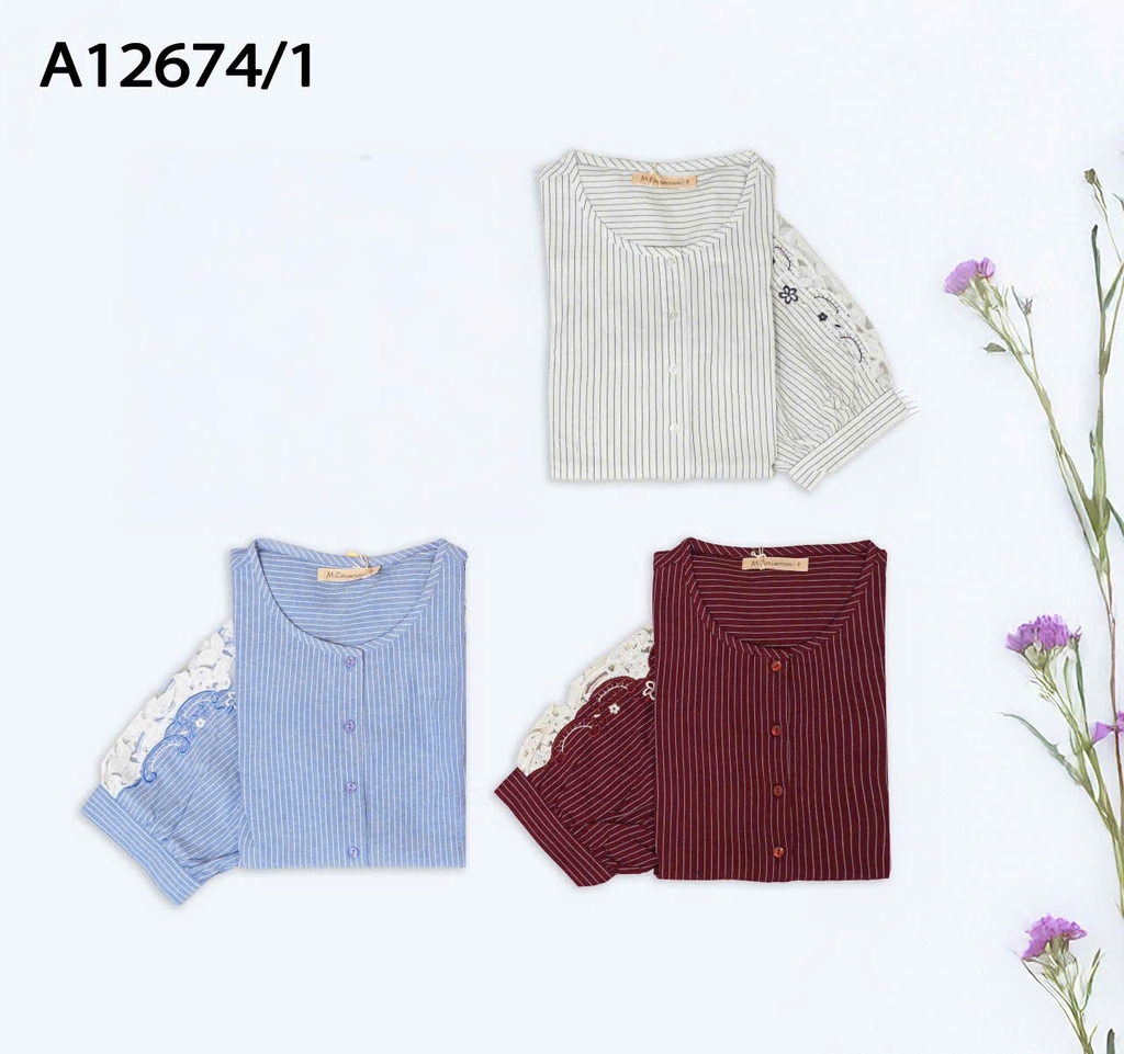 M COLLECTION | Áo Kiểu Nữ Trung Niên Tặng Mẹ, Bà Cài Nút Cotton Sọc Thêu Hoa Ren Tay Lỡ Nẹp A12674LW01