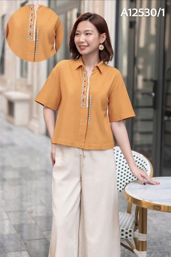 M COLLECTION | Áo Sơ Mi Trung Niên Linen Thoáng Mát Trẻ Trung Tặng Mẹ Mặc Hằng Ngày A12530LW01