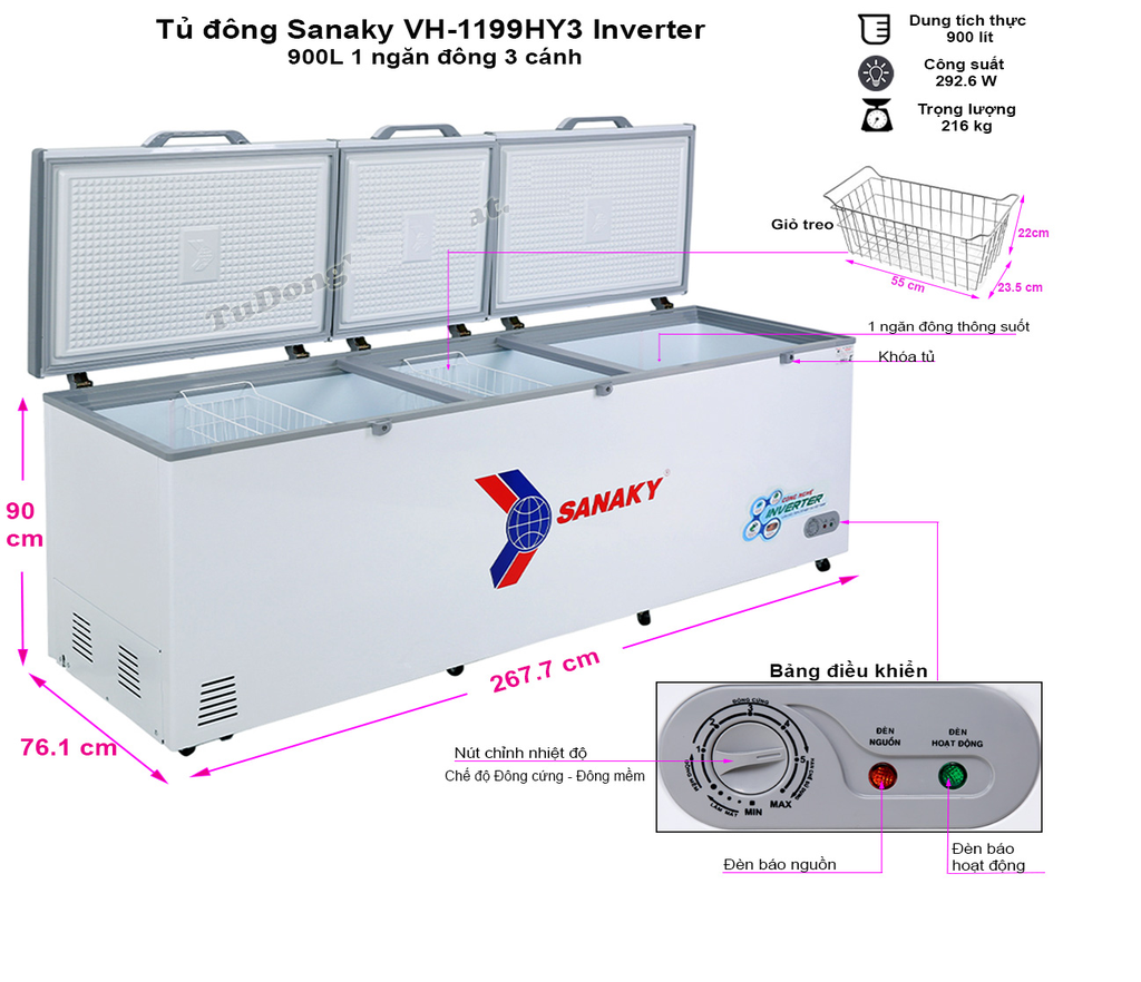 Tủ đông Sanaky Inverter 900 lít VH-1199HY3