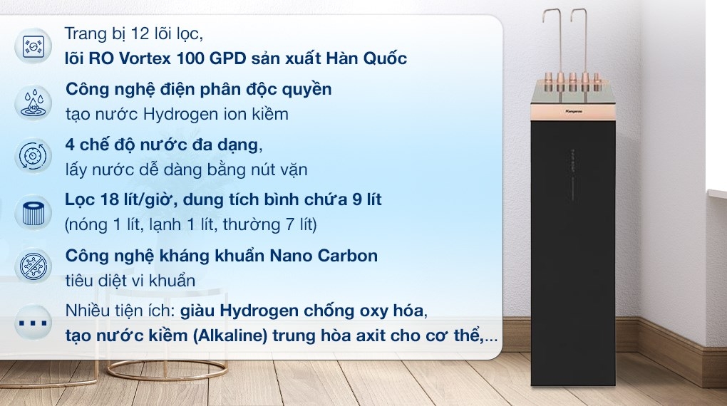 Máy lọc nước RO nóng nguội lạnh Hydrogen ion kiềm Kangaroo Sumire KGHC12A3 12 lõi
