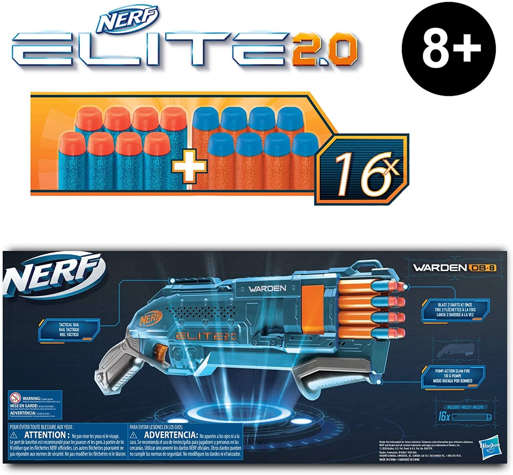 Nerf Elite 2.0 Blaster Warden DB-8 - Tire 2 Fléchettes D'un Coup, 16 Fléchettes Officielles, Rail Tactique, Idéal Pour Batailles Épiques