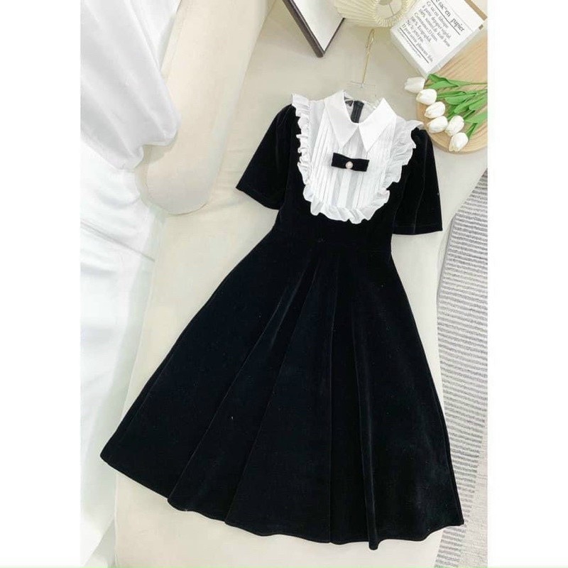 Váy nhung chính hãng Banamo Fashion đầm nhung đen cổ nơ pha bèo trắng tiểu  thư 556 - Đầm, váy nữ | ThờiTrangNữ.vn