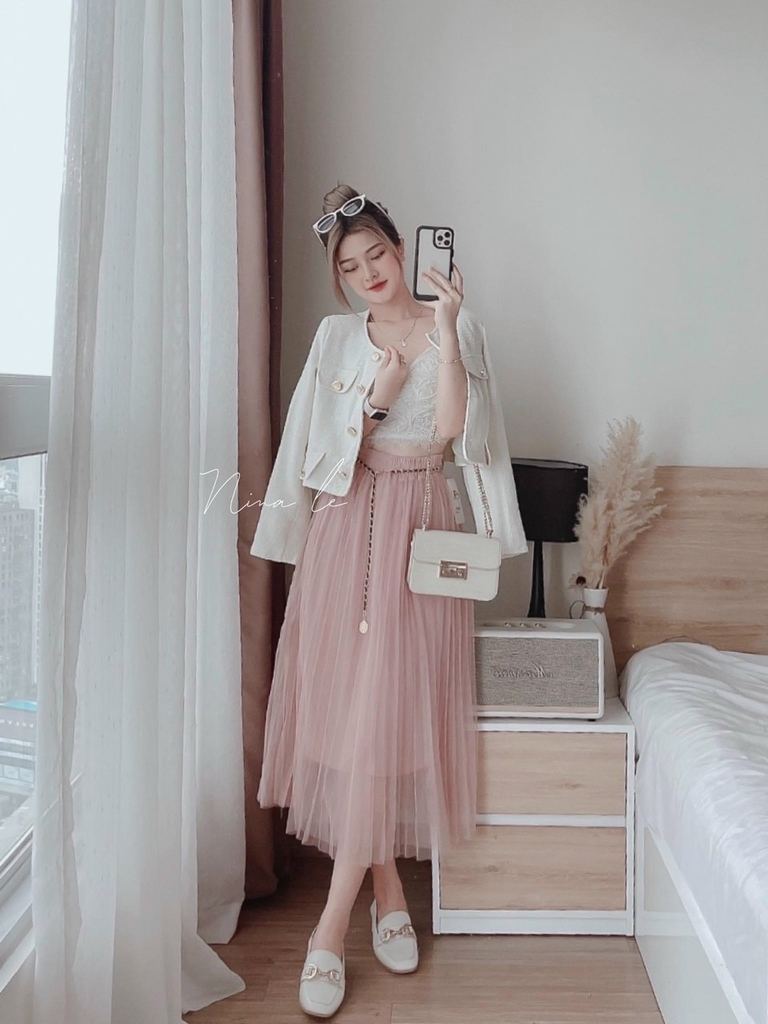 Chân váy xòe dài màu hồng lưng cao CV0523  Thời trang công sở KK Fashion