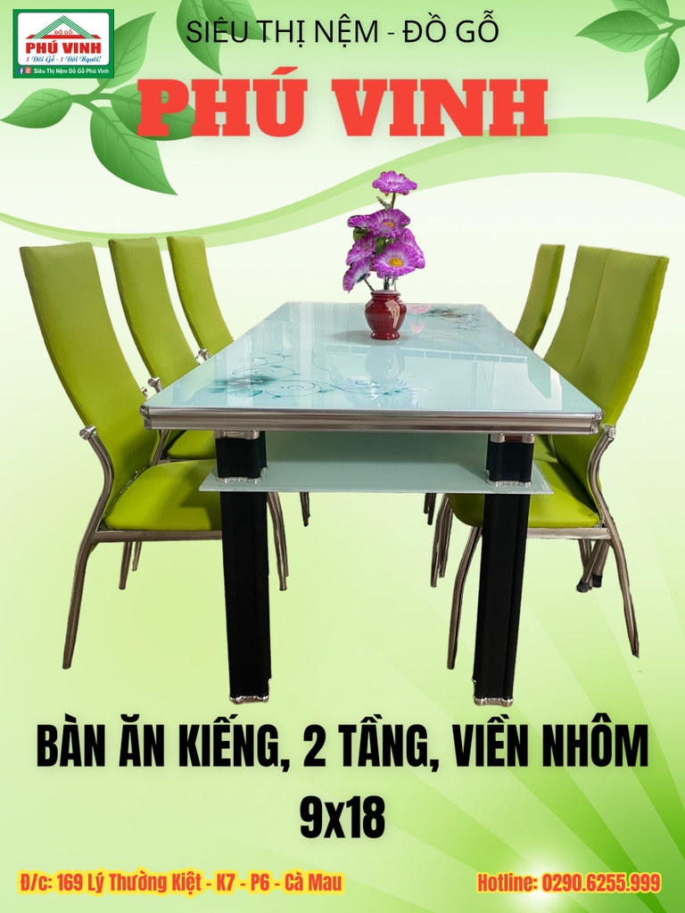 Bàn Ăn Kiếng, Viền Nhôm, 2 Tầng, 9x18 | Nội Thất Phú Vinh