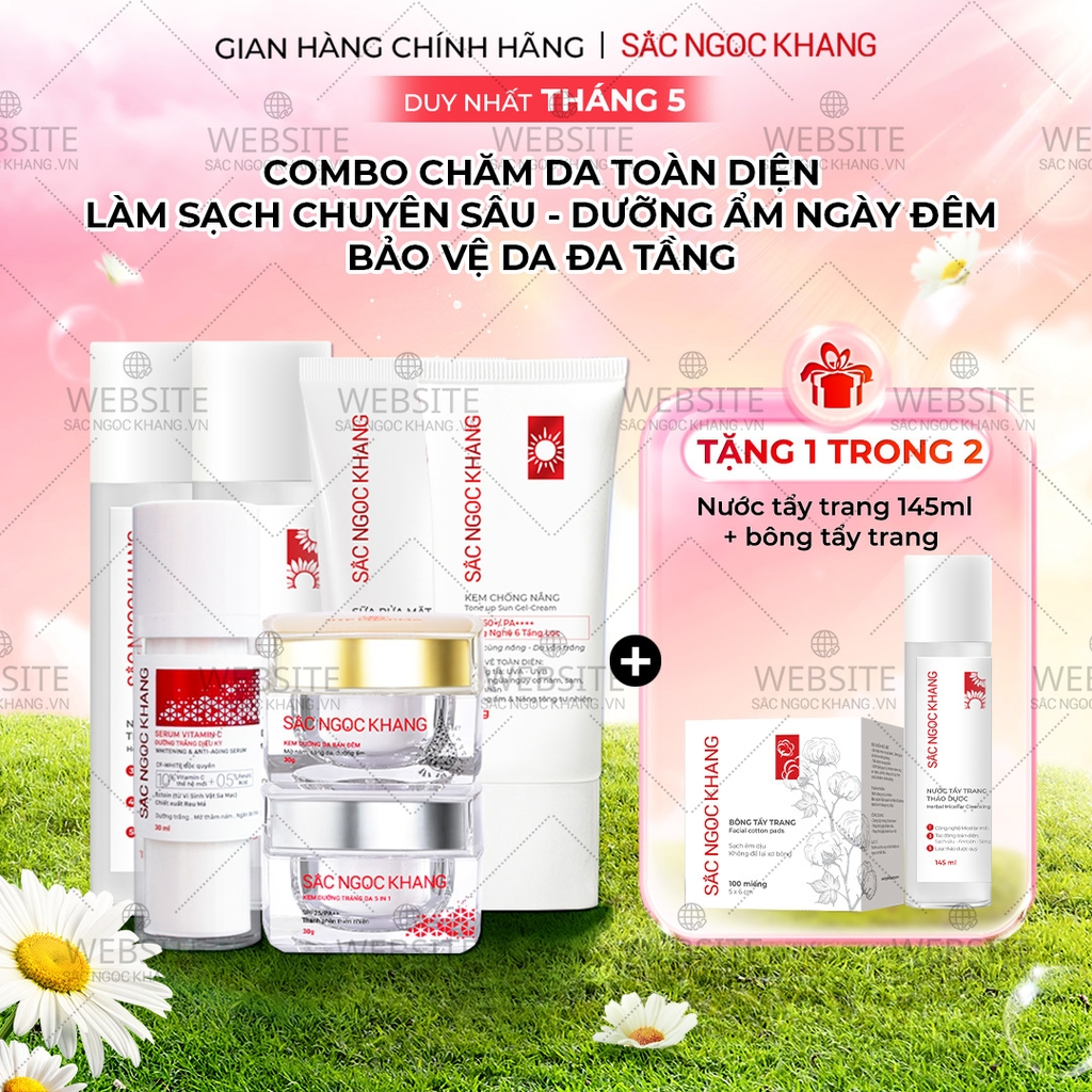Combo 7 món Sản Phẩm Chăm Sóc Da Toàn Diện Chuyên Sâu Sắc Ngọc Khang (Nước Tẩy Trang Thảo Dược, Sữa Rửa Mặt Thảo Dược, Nước Hoa Hồng Thảo Dược, Serum Siêu Dưỡng Trắng Vitamin C, Kem Dưỡng Da 5 In 1, Kem Dưỡng Ban Đêm, Kem Chống Nắng)