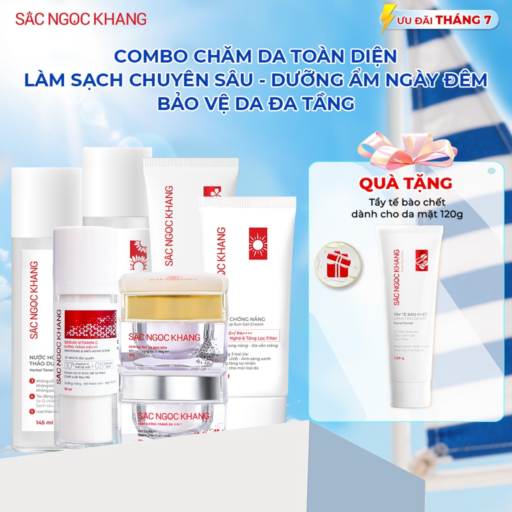 Combo 8 Sản Phẩm Chăm Sóc Da Toàn Diện Chuyên Sâu Sắc Ngọc Khang (Nước Tẩy Trang Thảo Dược, Sữa Rửa Mặt Thảo Dược, Tẩy Tế Bào Chết Cà Phê, Nước Hoa Hồng Thảo Dược, Serum Siêu Dưỡng Trắng Vitamin C, Kem Dưỡng Da 5 In 1, Kem Dưỡng Ban Đêm, Kem Chống Nắng)