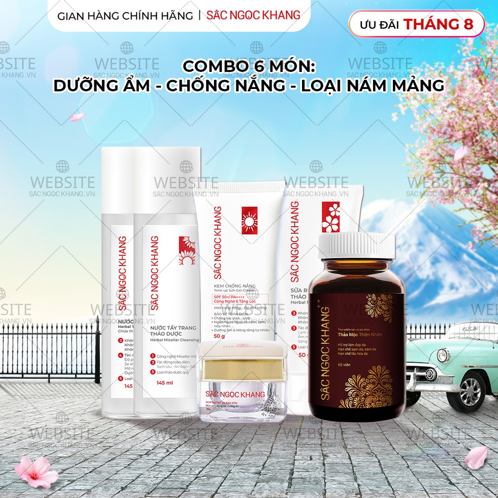 Combo Mờ Nám, Đẹp Da Sắc Ngọc Khang: Sữa Rửa Mặt 50g, Nước Tẩy Trang Thảo Dược 145ml, Nước Hoa Hồng Thảo Dược 145ml, Kem Dưỡng Da Ban Đêm 10g, Kem Chống Nắng 