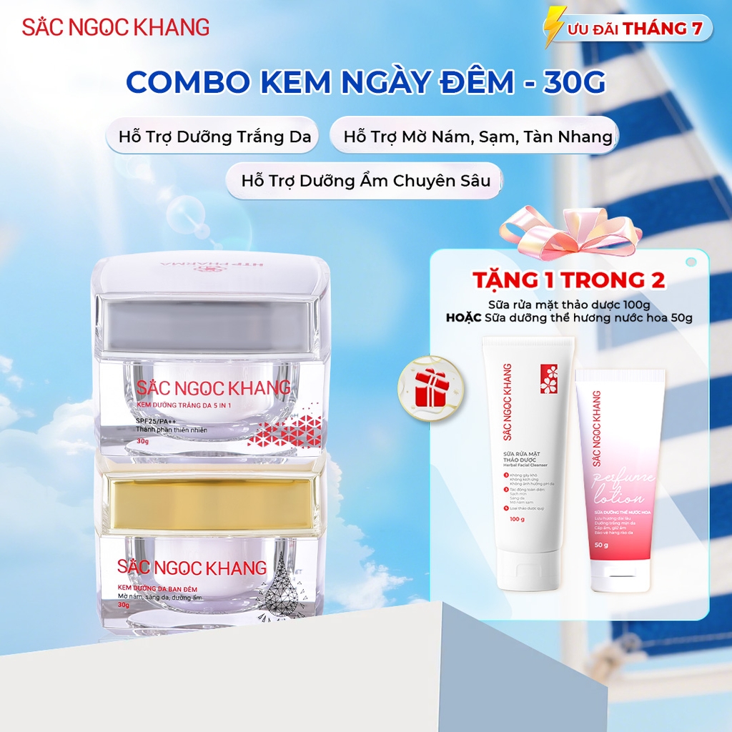 Combo Dưỡng Da Ngày Và Đêm Sắc Ngọc Khang (Kem Dưỡng Da Ban Đêm 30g và Kem Dưỡng Da Ban Ngày 5in1 30g, tặng Sữa rửa mặt 100g hoặc sữa dưỡng thể 50g)