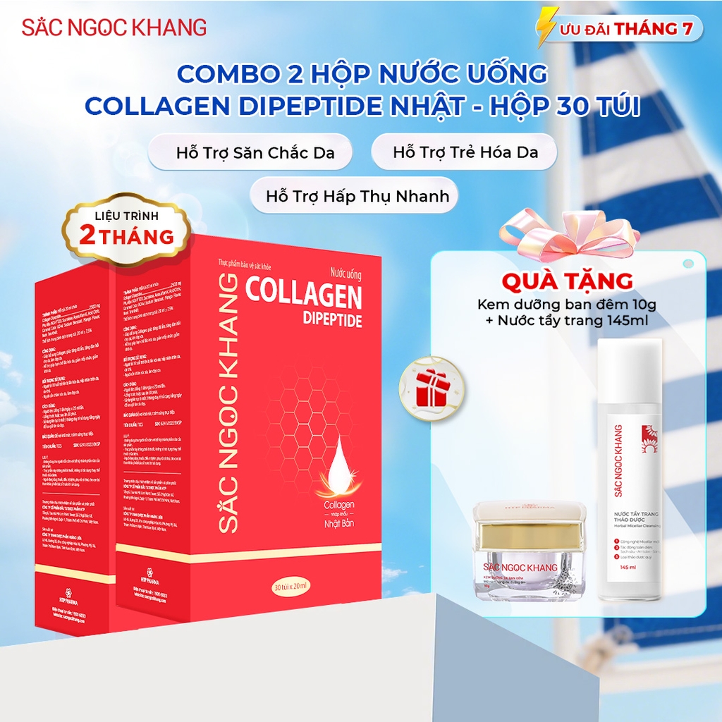 Combo 2 Nước Uống Collagen Dipeptide Mờ Nếp Nhăn - Dưỡng Ẩm Mịn Sắc Ngọc Khang (tặng nước tẩy trang và kem đêm 10g) - Liệu trình 2 tháng