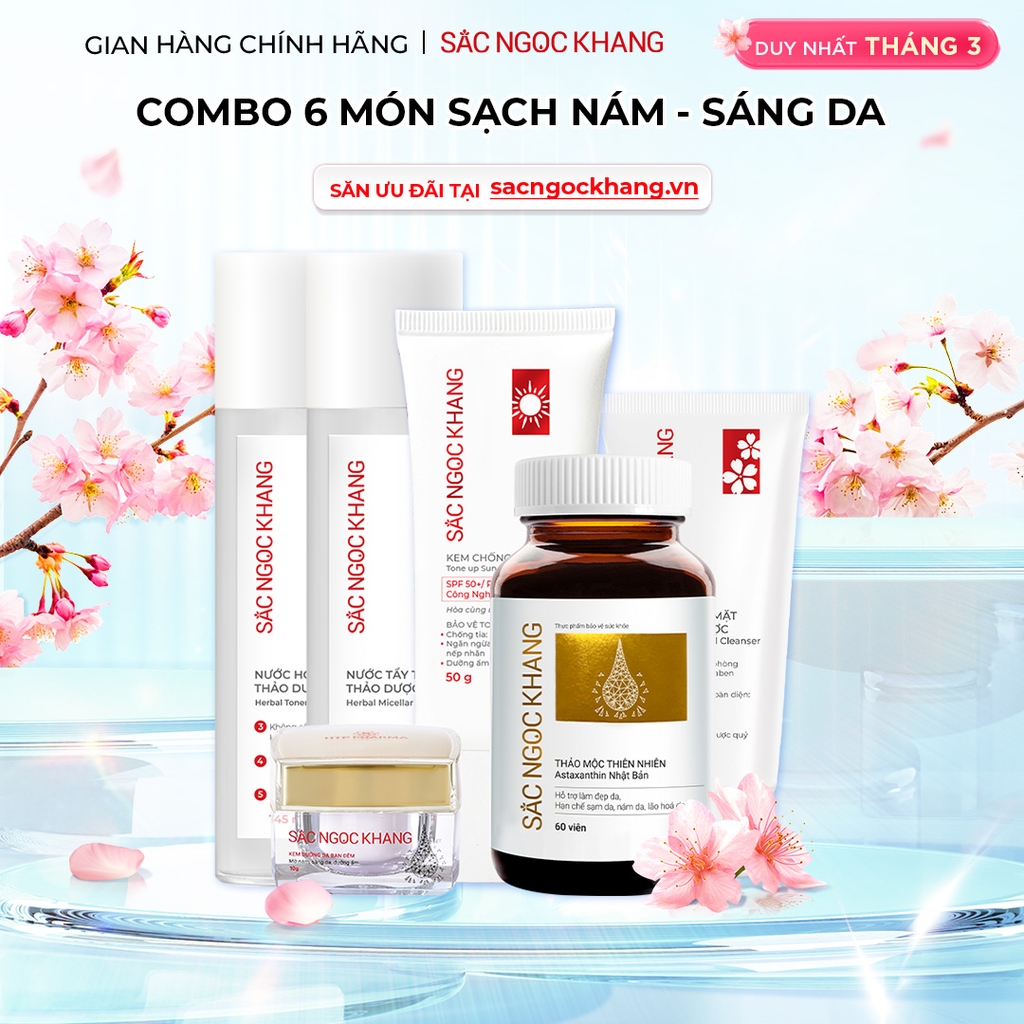 Combo Toàn Diện Mờ Nám, Đẹp Da Sắc Ngọc Khang: Nước tẩy trang 145ml, sữa rửa mặt 50g, nước hoa hồng 145ml, kem chống nắng 50g, kem dưỡng da ban đêm 10g, viên uống vi tảo lục 60v (phiên bản thường)
