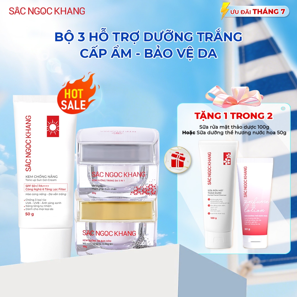 Combo Kem Mờ Nám, Nâng Tông, Bảo Vệ Da Sắc Ngọc Khang (Kem Ngày 30g + Kem Đêm 30g + Kem Chống Nắng SA MẠC)