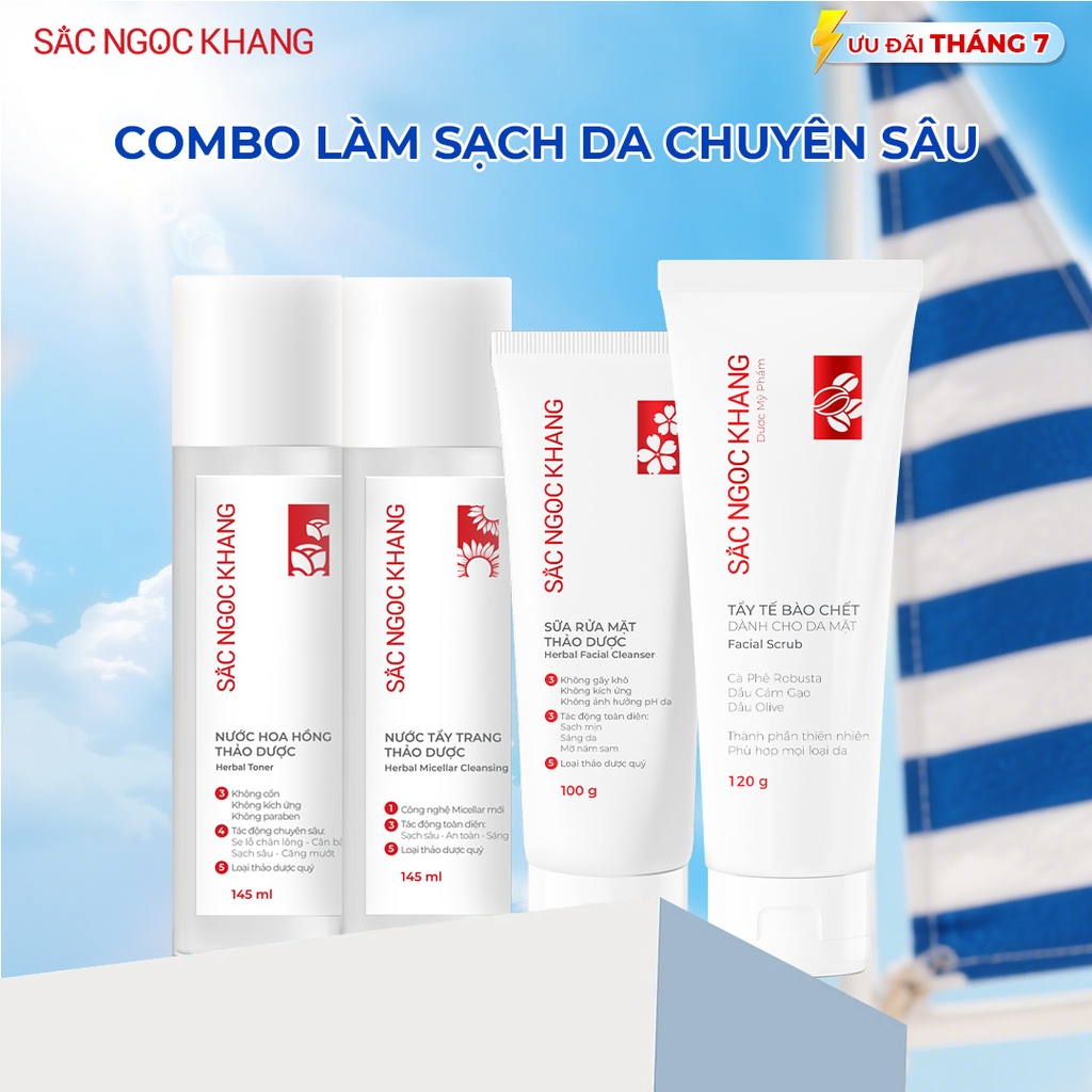 Combo Làm Sạch Da Chuyên Sâu Sắc Ngọc Khang (Sữa rửa mặt Thảo Dược 100g + Nước Hoa Hồng Thảo Dược 145ml + Nước Tẩy Trang Thảo Dược 145ml + Tẩy TBC 120g)