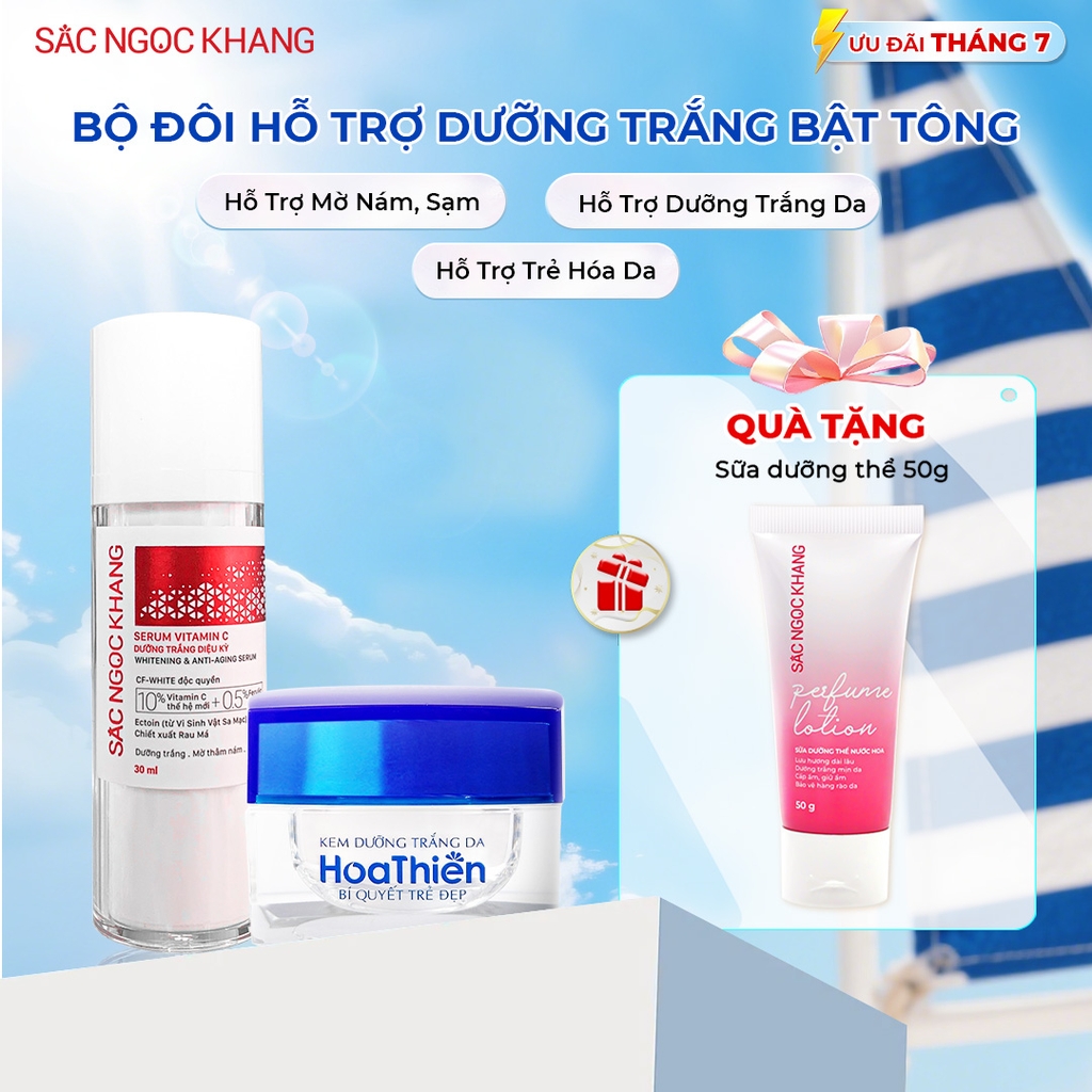 Combo Dưỡng Trắng Da gồm Kem Hoa Thiên và Serum Vitamin C (tặng Sữa dưỡng thể)