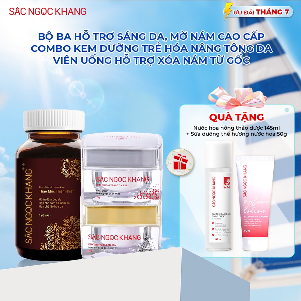 Combo Mờ Nám Dưỡng Trắng Cao Cấp Sắc Ngọc Khang: Viên Uống Sắc Ngọc Khang ++, Kem Dưỡng Da Ban Đêm, Kem Dưỡng Da Ban Ngày