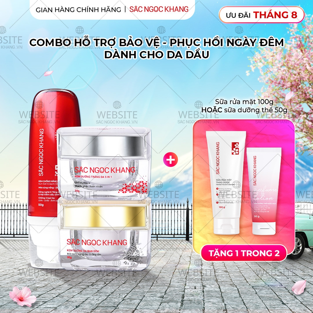 Combo Mờ Nám Dưỡng Trắng Kiềm Dầu Sắc Ngọc Khang (Kem dưỡng da ban ngày, kem dưỡng da ban đêm, kem chống nắng kiềm dầu, tặng kèm sữa dưỡng thể)
