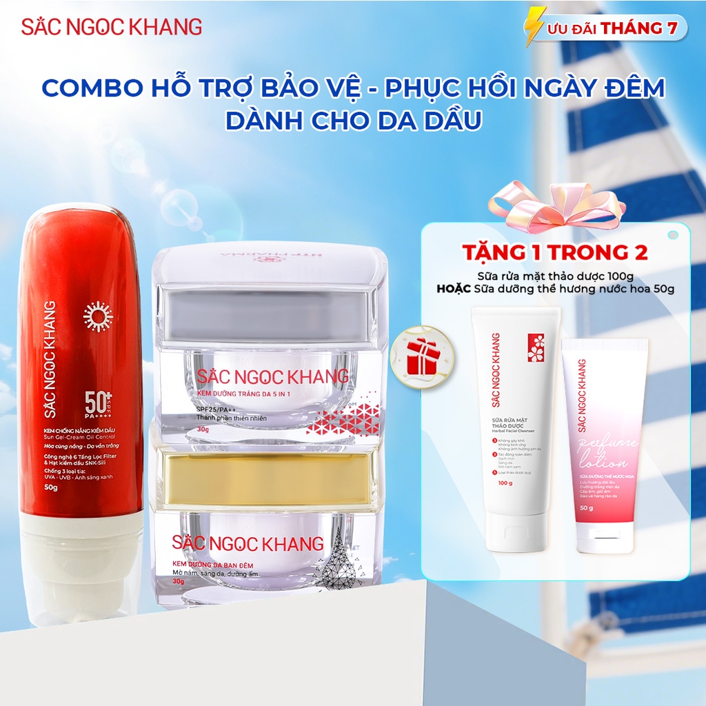 Combo Mờ Nám Dưỡng Trắng Kiềm Dầu Sắc Ngọc Khang (Kem dưỡng da ban ngày, kem dưỡng da ban đêm, kem chống nắng kiềm dầu, tặng kèm sữa dưỡng thể)