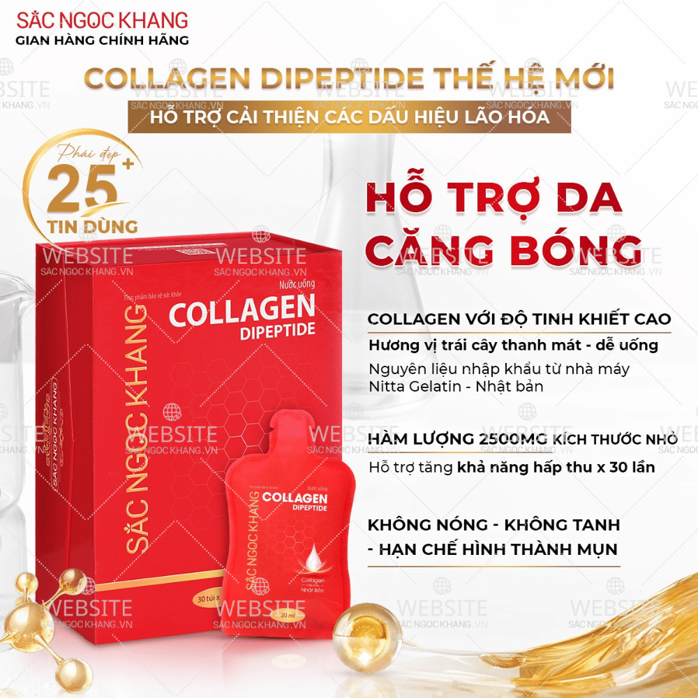 Nước Uống Collagen Dipeptide Hỗ Trợ Làm Mờ Nếp Nhăn - Dưỡng Ẩm Mịn Da Sắc Ngọc Khang (Hộp 30 túi x 20 ml)