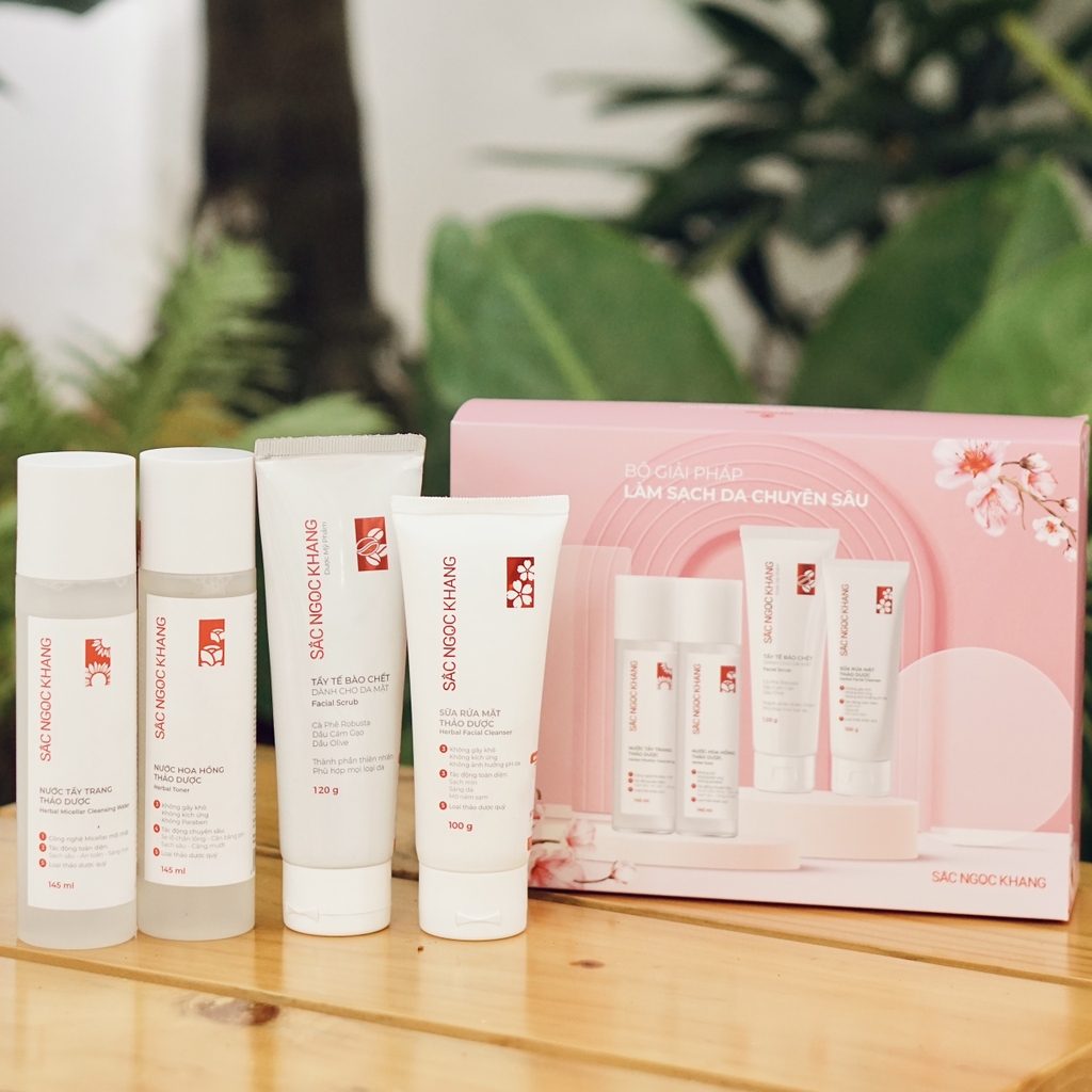 Combo Làm Sạch Da Chuyên Sâu Sắc Ngọc Khang (Sữa rửa mặt Thảo Dược 100g + Nước Hoa Hồng Thảo Dược 145ml + Nước Tẩy Trang Thảo Dược 145ml + Tẩy TBC 120g)