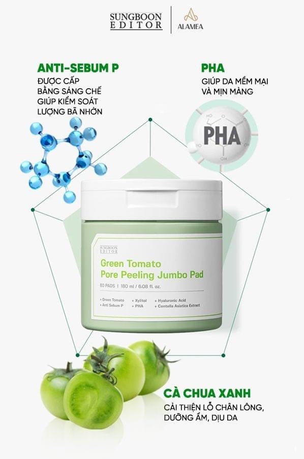 Toner pad Cà chua xanh Green Tomato Pore Peeling Jumbo 60 pads 180ml Sungboon