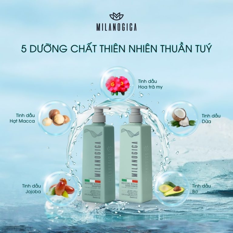 Combo dầu gội dầu xả hương nước hoa Milanogica Moisture Repair - phục hồi hư tổn, kích mọc tóc 725ml