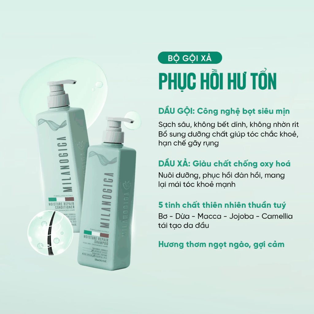 Combo dầu gội dầu xả hương nước hoa Milanogica Moisture Repair - phục hồi hư tổn, kích mọc tóc 725ml