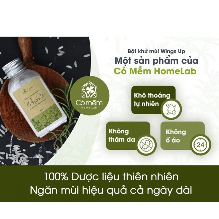 Bột khử mùi thiên nhiên Wings Up - khử mùi hôi chân, nách & giảm tiết mồ hôi - Cỏ mềm HomeLab 25g