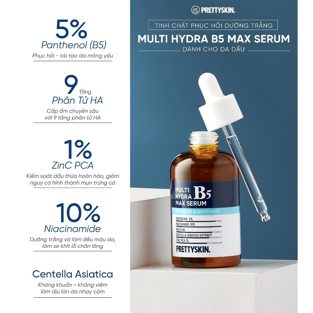 Serum trắng da Pretty Skin B5 phục hồi da Multi Hydra Max 50ml - tinh chất dưỡng cho da dầu mụn