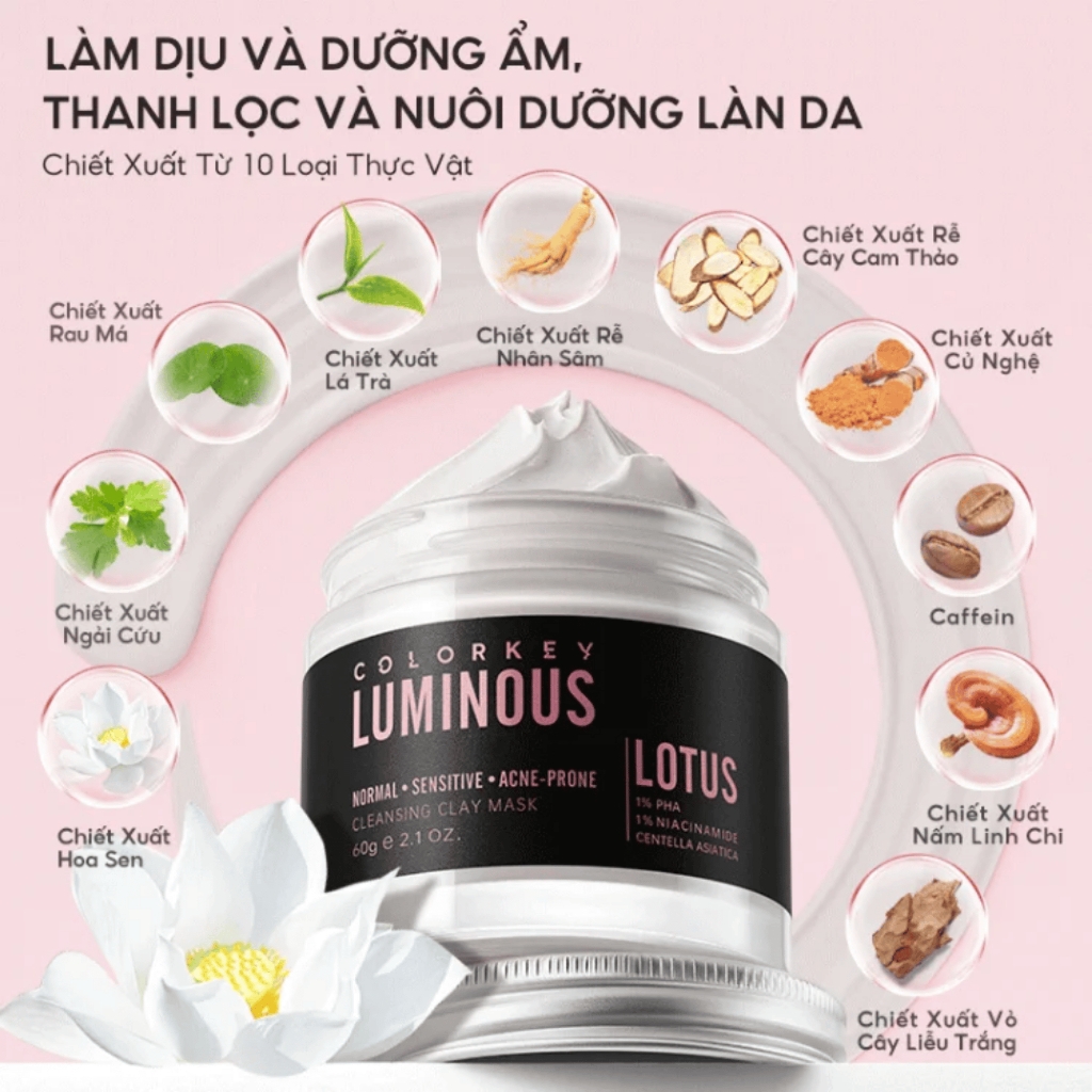 Mặt nạ đất sét COLORKEY LUMINOUS Clay Mask hoa sen - trà xanh 60g/hũ - mặt nạ bùn khoáng color key