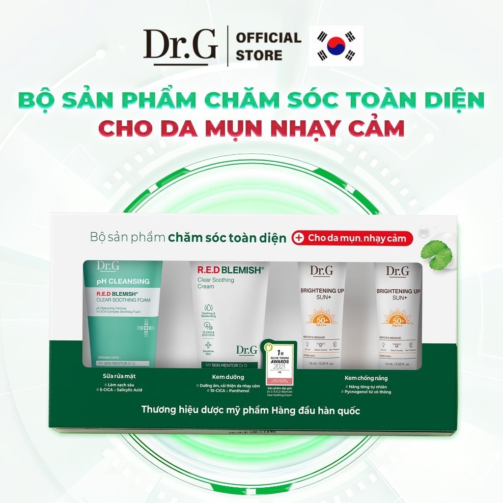 Bộ sản phẩm chăm sóc toàn diện cho làn da mụn nhạy cảm Dr.G Skincare Kit For Sensitive and Acne Skin