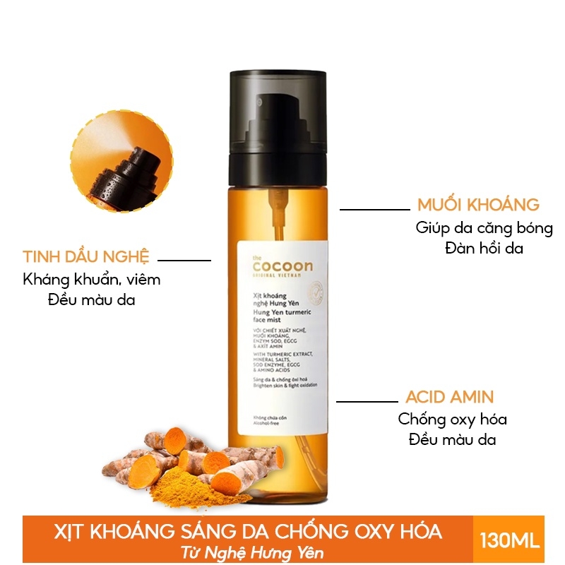 Xịt khoáng nghệ Cocoon Hưng Yên giúp sáng da Turmeric Face Mist 130ml mua 1 tặng 1 chính hãng