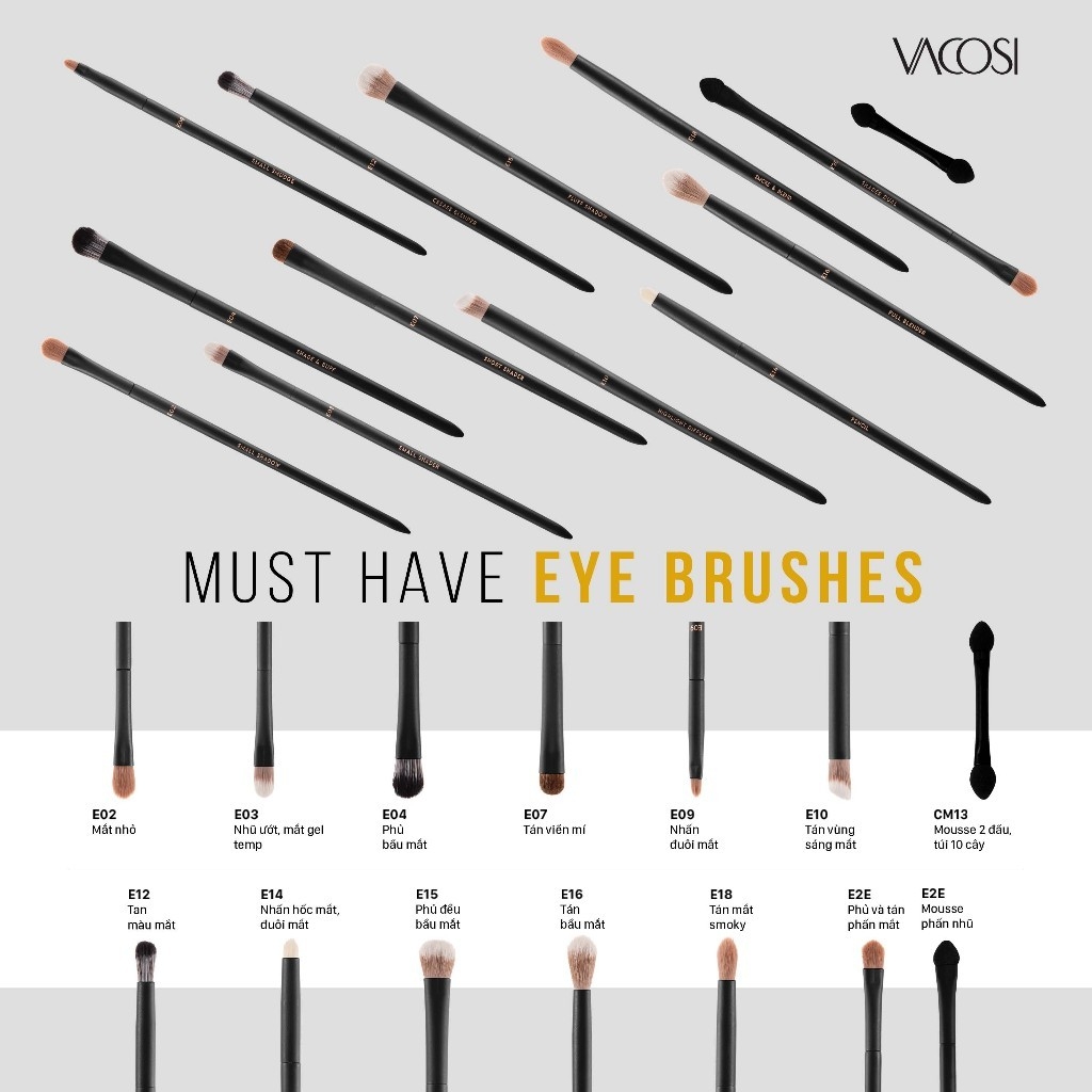 Cọ tán phấn mắt Vacosi Full Blender Brush E16 - cọ phấn mắt đầu bầu nhọn Hàn Quốc chính hãng