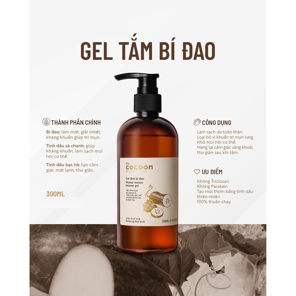 Gel tắm bí đao thiên nhiên Cocoon làm giảm mụn lưng Winter Melon Shower sữa tắm 310ml chính hãng