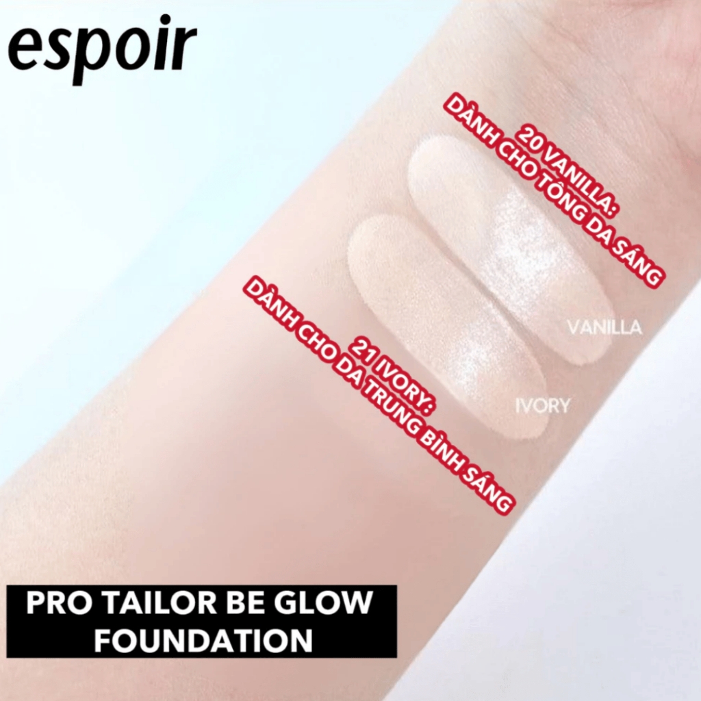 Kem nền Espoir Be Glow Foundation Pro Tailor 30g kèm Kem lót+Mút tán - Set căng bóng da mặt Hàn Quốc