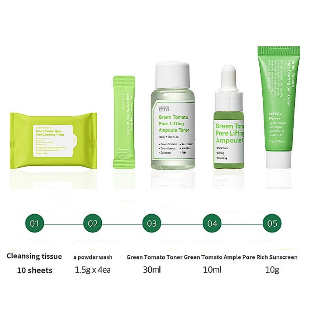 Set dưỡng da mini du lịch SungBoon Editor Travel Kit 5 món se khít lỗ chân lông màu xanh lá - 150g