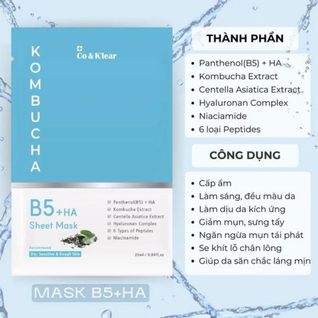 Mặt nạ Co & K'Lear Kombucha, Mask cấp ẩm phục hồi dưỡng trắng da - B5+HA Sheet mask 25ml ( 1 miếng )