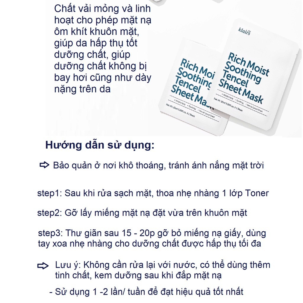 Combo Mặt nạ dưỡng ẩm Klairs Rich Moist-Midnight Calming Sheet Mask 25ml/ miếng - mặt nạ dear klairs