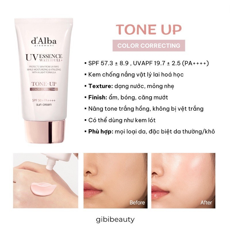 Kem chống nắng nâng tông d'Alba Waterfull Tone Up Sun Cream SPF 50+ 50ml - chống nắng d alba hồng