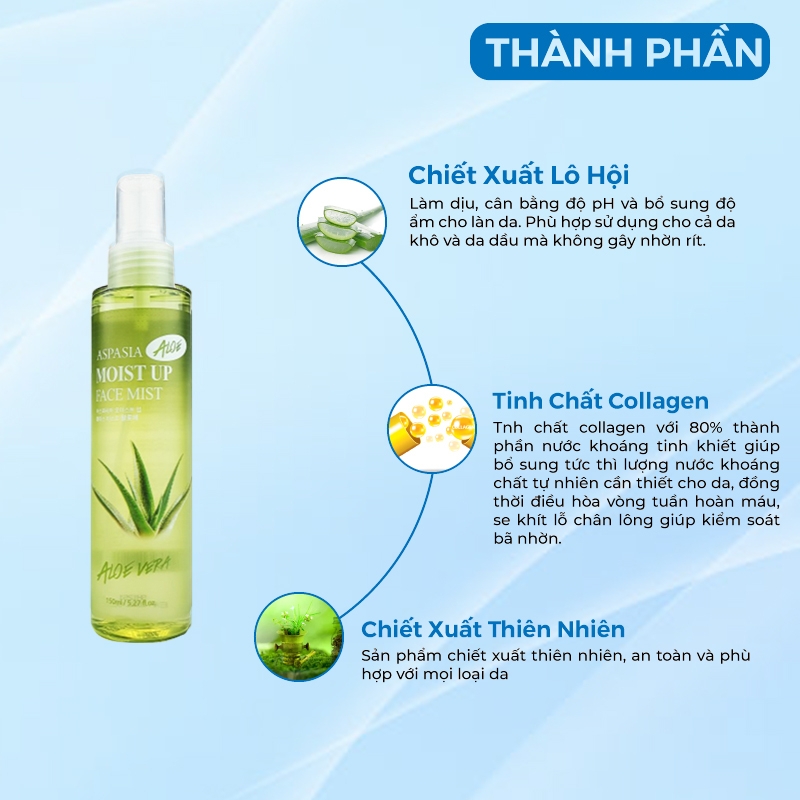 Xịt Khoáng Aspasia Moist Up Face Mist Aloe 150ml