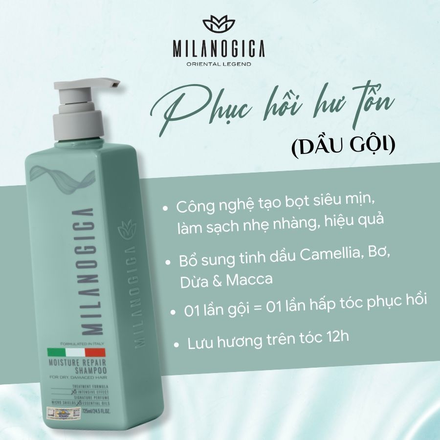 Combo dầu gội dầu xả hương nước hoa Milanogica Moisture Repair - phục hồi hư tổn, kích mọc tóc 725ml